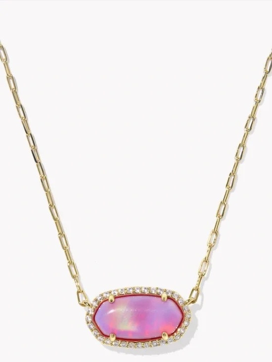 NWT Kendra Scott Elisa Pave Frame Gold Pendant Necklace in Pink Opalescent Resin - Picture 2 of 7